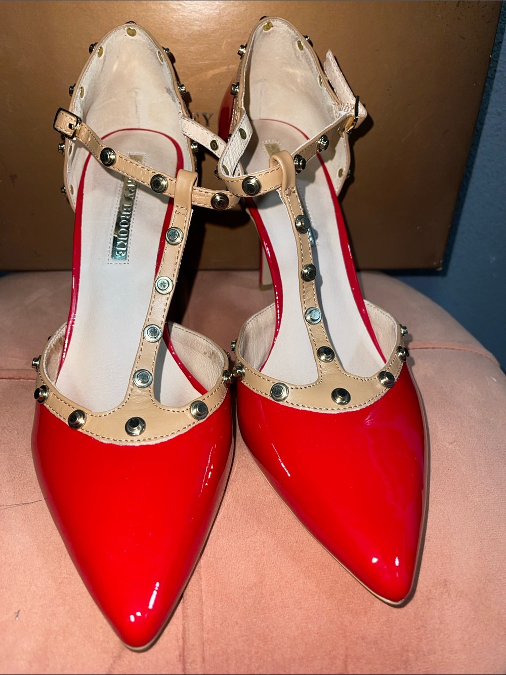 Audrey Brooke Red Patent Pointed T-Strap Heel with Tan Stud Accents SZ 10